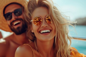 Beaming duo with golden sunglasses, sun hats, exhibit unbridled mirth on a bright day, hints of azure sea reflecting in eyewear. Exuberant mates donning reflective shades and casual summer attire, - obrazy, fototapety, plakaty