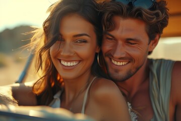 Smiling couple in a vehicle, woman with long hair and man with tousled locks share a joyful moment under sun's glow. Radiant pair captured in gleeful embrace, sunlight accentuates contoured features
