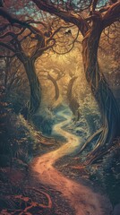 Naklejka premium Divergent paths in mystic forest, surreal colors, decision concept, for personal development books --ar 9:16 Job ID: 861f6bbb-52c7-4098-bdfa-b7e65ef58a87