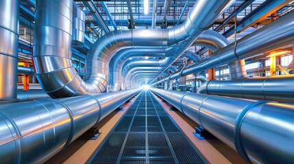 Glistening steel pipes in a high-tech factory, showcasing industrial might and precision engineering. - obrazy, fototapety, plakaty
