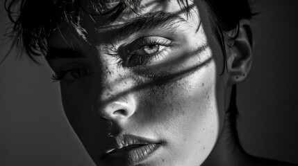Intense gaze: monochrome portrait with dramatic shadows