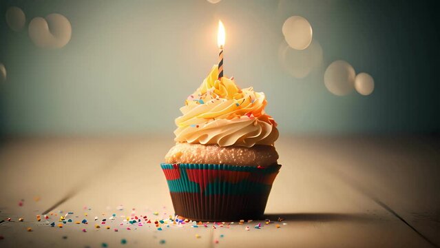 cupcake with a lit candle on top. The candle is black and white. The cupcake is decorated with sprinkles, sweet, birthday, dessert,