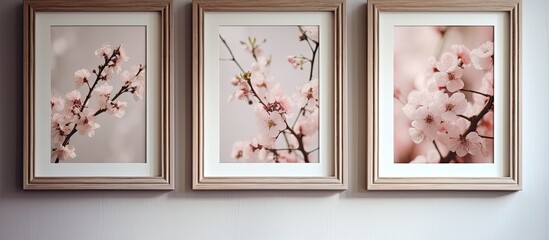 Three framed pictures displaying pink flowers are hanging neatly on a wall in a beautiful arrangement