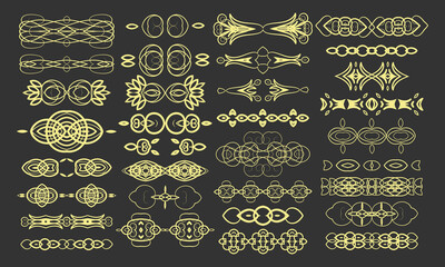 Obraz na płótnie Canvas 33 decorative elements and text spacers in Art Deco style. Dark background. Vector set