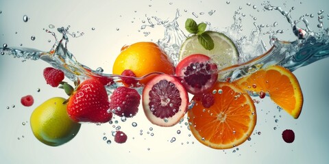 Fresh Fruit splash and submerge under water, summer banner, summer fruits, Nutrition and Hydration Week	