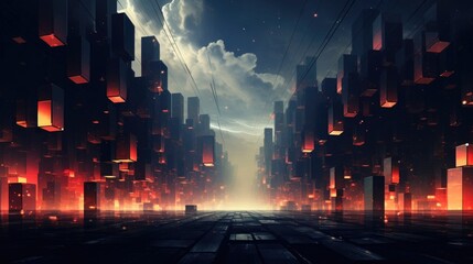 Futuristic Neon-Lit Geometric Cityscape of a Dystopian Metropolis in a Dramatic Sci-Fi Landscape