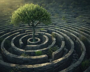 Fototapeta na wymiar Lone tree in a labyrinth, symbolizing growth in adversity, for motivational posters.