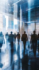 Blurred abstract background with bustling business center hall, with businessmen and people captured in motion blur through a long exposure technique. Work atmosphere. 