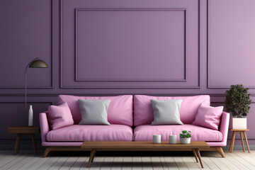 interior with pink and purple trendy color in a luxurious living room. Empty wall space for art, frame or decor. Modern interior with sofa and vases