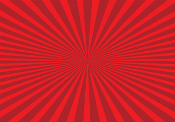 Red sunburst background. Retro background with sun beam. Comic rays. Red bright sunbeams. Light texture backdrop for Japanese style. Summer pattern with shiny flare for poster and banner. Vector.
