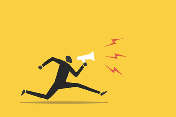 Person running while holding megaphone. concept of Search for business target or goal, opportunity, mission to achieve, discover purpose or find strategy to reach goal