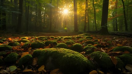 Sunlight breaking through thick forest canopy, illuminating a carpet of moss-covered rocks and...