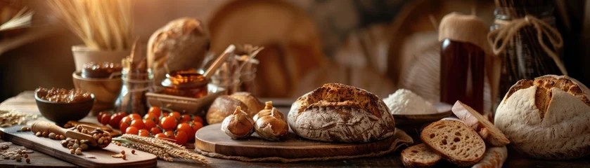 Tuinposter Rustic table with artisanal breads and spreads, warm kitchen light, for bakery shop catalogues. © banthita166