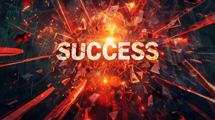 Sunburst through shattered letters spelling "SUCCESS," dynamic energy, vibrant reds, inspiration for motivation posters.