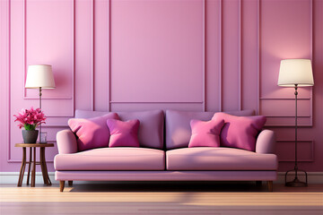 interior with pink and purple trendy color in a luxurious living room. Empty wall space for art, frame or decor. Modern interior with sofa and vases