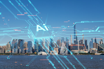 New York skyline with futuristic AI hologram overlay, blue sky daytime background. Technology and...