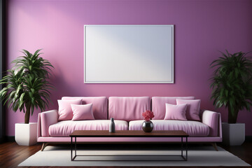 interior with pink and purple trendy color in a luxurious living room. Empty wall space for art, frame or decor. Modern interior with sofa and vases
