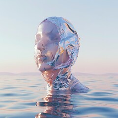 A surreal depiction of an individual enveloped in plastic within a lake.