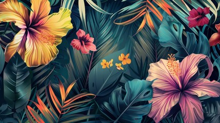 Tropical background. Exotic Landscape, Hand Drawn Design. Luxury Wall Mural. Leaf and Flowers Wallpaper.