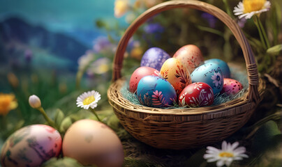 Easter eggs decorated with patterns, in a basket made of vines, on the background of nature and flowers - obrazy, fototapety, plakaty