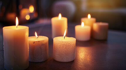 Fototapeta na wymiar Aromatherapy Candles Emitting Soft Glow in Dimly Lit Room