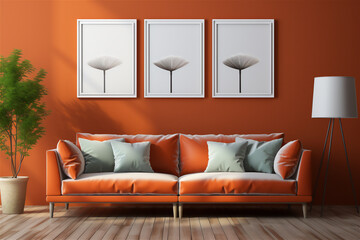 Modern living room interior with orange sofa, template for paintings on the wall, minimum details, plain interior with different textures