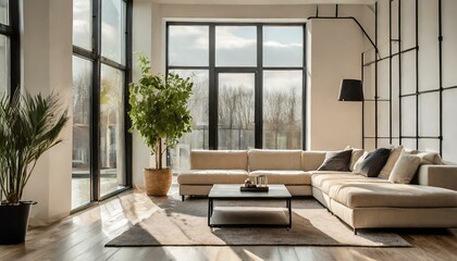 Beige modern and minimalist style living room design with black furniture and room line elements. Big windows and sunlight coming in the room