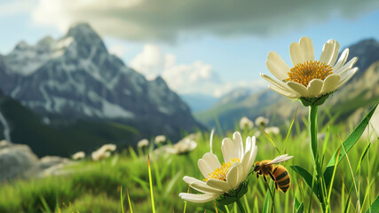 White daisies with honey bee on green grass and mountains background