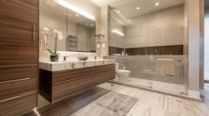 Fototapeta na wymiar A contemporary bathroom with a floating vanity, marble tile floor, and a glass-enclosed shower