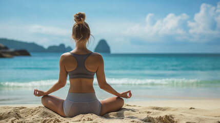  A woman sitting on the beach in a yoga pose with her legs crossed. Meditating on holidays. Tropical paradise and spirituality.