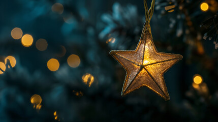  a star shaped ornament hanging from christmas tree with colorful lights in the background. Christmas decorations.