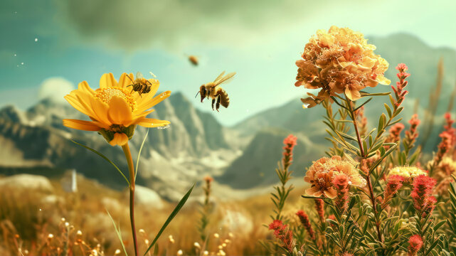 Beautiful summer landscape with flowers, mountains and bees. Collage.