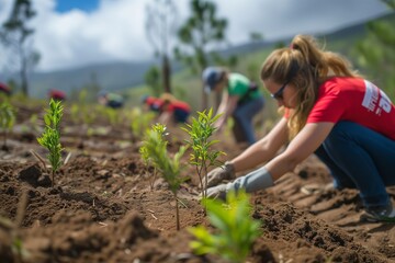 planting trees in deforested area, human contribution to reforestation and carbon offset for eco-friendly. Group immersed in afforestation, nurturing young trees in sunlit soil; mountainous backdrop.