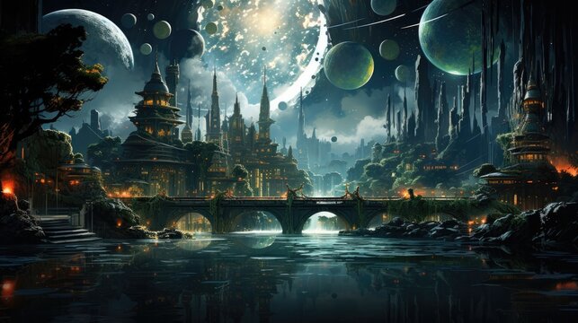 Majestic Futuristic Fantasy Landscape with Ethereal Castles,Planets,and Bridges Reflecting in Tranquil Waters
