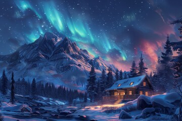 Northern lights viewing in Iceland, snowy landscape, Log shelter's windows shine, winter nightfall sets, constellations twinkle over serene snowscape, distant summits catch fading sunlight's embrace.