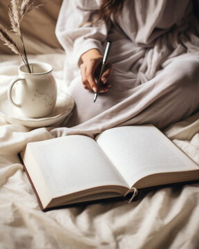 Young woman writing in notebook while sitting in bed at home. Female hand with pen and cup of coffee