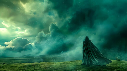 Mysterious cloaked figure in stormy fantasy landscape - obrazy, fototapety, plakaty