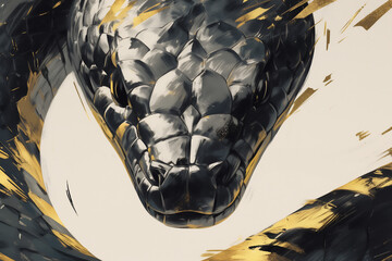 黒と金の迫力のあるリアリスティックなヘビの顔のイラスト - obrazy, fototapety, plakaty