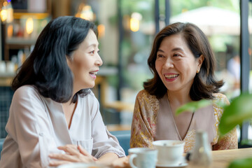 Two joyful Asian senior women in white shirts laugh together at a restaurant table, fostering a cheerful atmosphere of companionship