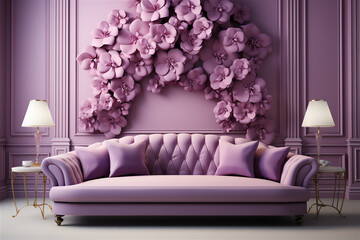 interior with pink and purple trendy color in a luxurious living room. Flowers on the wall as decoration. Modern interior with sofa and vases, relief surfaces, gypsum 3D panels