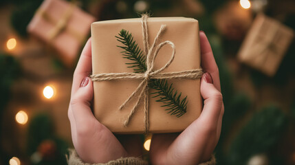  A hand holding a wrapped gift with a pine tree decoration on it. Christmas gifts