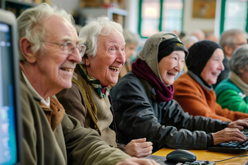 A group of elderly people at a computer literacy class, amazed by the possibilities of the Internet - obrazy, fototapety, plakaty