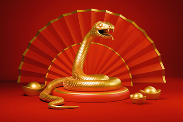 Snake is a symbol of the 2025 Chinese New Year. 3d render illustration of Golden Snake on a podium, gold ingots Yuan Bao on a red background. Zodiac Sign Snake, asian oriental concept for lunar year - 766402447