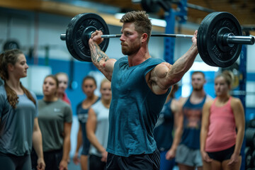 Professional Photography of a Personal Trainer Demonstrating Proper Weightlifting Techniques and Form to a Group of Fitness Enthusiasts in a Well-Equipped Gym, Generative AI