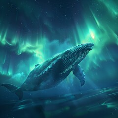 Fototapeta premium A magnificent whale swimming beneath the northern lights in a polar ocean setting.