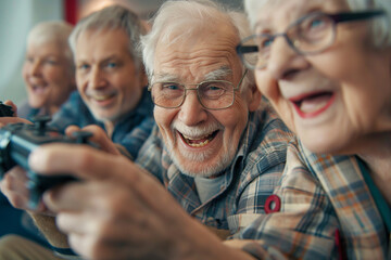 A group of pensioners playing video games on a console, having fun together