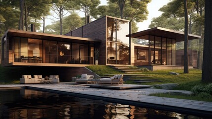 Obraz premium Modern home exterior with wooden architecture, surrounded by nature growth generated by artificial intelligence AI generated