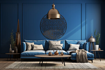 Wall mockup with a huge graphic circle on the wall, home interior décor in blue tones - obrazy, fototapety, plakaty