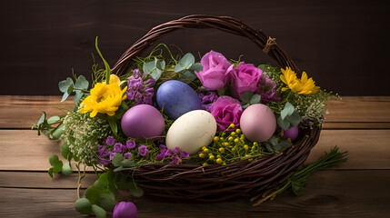 Obraz na płótnie Canvas An arrangement of vibrant dyed eggs surrounded by delicate spring flowers and foliage in a rustic basket captures the symbolic meaning of rebirth and new beginnings found in Easter traditions.