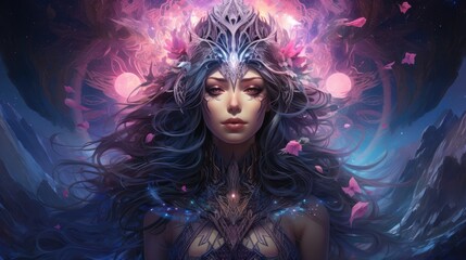 Enigmatic Cosmic Goddess in Celestial Dreamscape